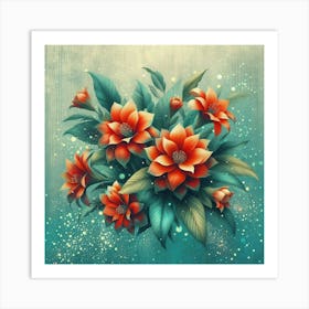 Flowers On A Blue Background 3 Art Print