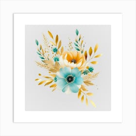 Watercolor Gold And Teal Bouquets 15 Art Print