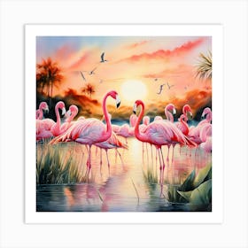 Sunset Tropical Pink Flamingos Art Print