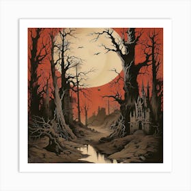 Comic Gothic Macabre Vampire Haunted Red Sky Art Print