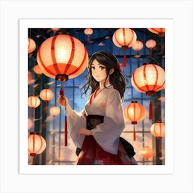 Japanese girl and paper lantern Art Print