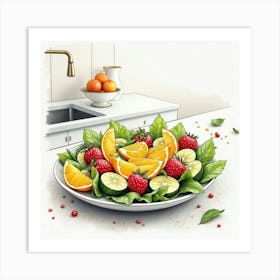 Watercolor Portrayal Of A Fresh And Vibrant Fruit Salad With Citrus Dressing On A Chic Kitchen Countertop Art Print