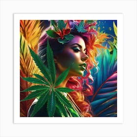 Colorful Girl With Marijuana Leaves Art Print