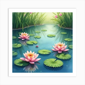 A Serene Pond With Watercolor Water Lilies Floating Gracefully 1 Art Print