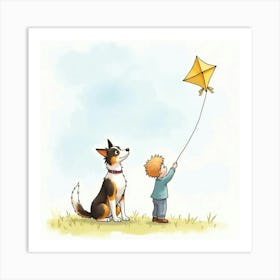 A Border Collie And A Boy Flying A Kite Together, Watercolor 1 Art Print