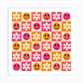 Checkered Colorful Smiling Faces with Flowers Art Print