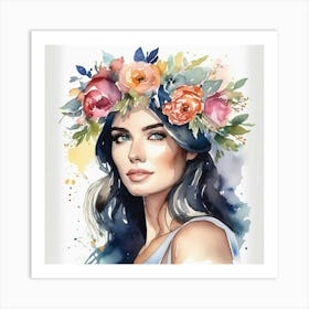 woman portrait with flowers head crown 2 2 Art Print