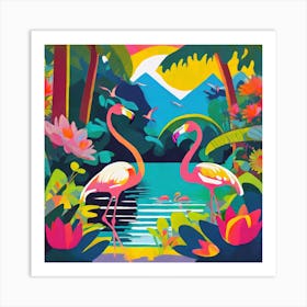Flamingos In The Jungle 3 Art Print