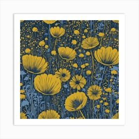 Linocut Flower Meadow Mustard Blue 3 Art Print