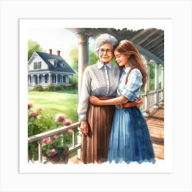 Two Women Hugging On Porch Art Print