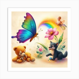 Baby, Schmetterlinge, Hund, Katze Art Print