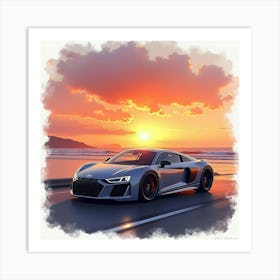 Sleek Luxury Car With A Stunning Sunset Horizon, Watercolor Painting 1 Art Print