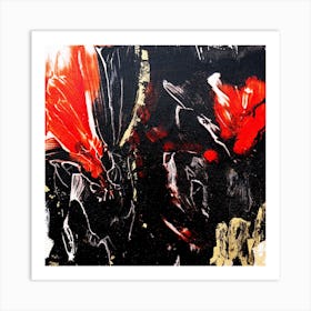 Black Red Botanical Abstract Painting Square Art Print