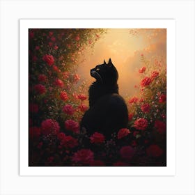 Black Cat in a Floral Sunset Garden Art Art Print