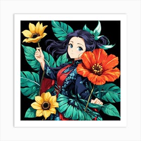 Anime Girl With Flowers Art Print