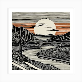  Abstract Sunset In The Valley Linocut Illustration Art Print