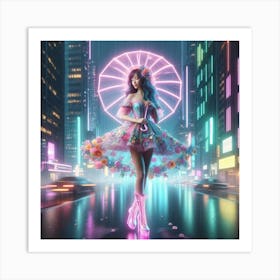 Neon Girl In A Dress Art Print