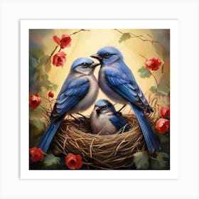 Bluebirds In The Nest, A Pair Of Birds Building A Nest Representing Love Home And Family Art Print