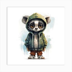 Watercolour Cartoon Lemur In A Hoodie 1 Art Print