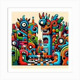 Brightly Colored And Low Resolution Cubism Monsters Playing Chess 3 Art Print