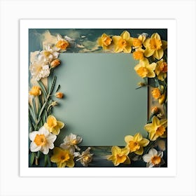 Frame With Daffodils On Green Background Art Print