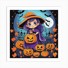 Halloween Girl With Pumpkins 3 Art Print