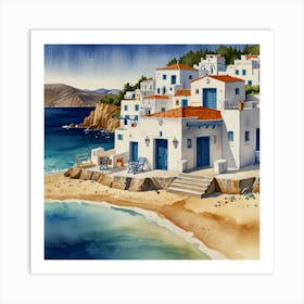 Village On The Beach.Summer on a Greek island. Sea. Sand beach. White houses. Blue roofs. The beauty of the place. Watercolor. Art Print