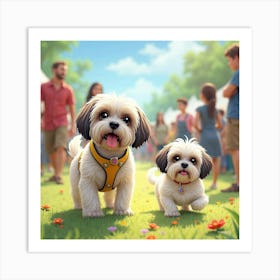 Lively Shih Tzu And A Family Having Fun At A Watercolor Festival 1 Art Print