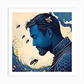 The Beekeeper, Blue, Yellow and Light Beige Art Print