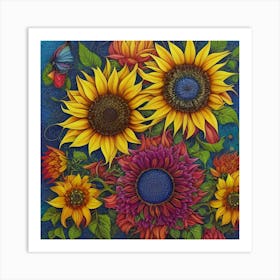 Sunflowers And Butterflies 26 Art Print