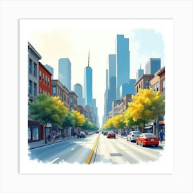 A Bustling Cityscape In Watercolor, With Skyscrapers And Lively Streets 1 Art Print