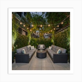 An inviting and well-designed outdoor space with comfortable seating, lush greenery, and ambient lighting, representing a welcoming atmosphere for patrons. This image is versatile and can be applied across various industries, such as hospitality, real estate, or lifestyle Art Print