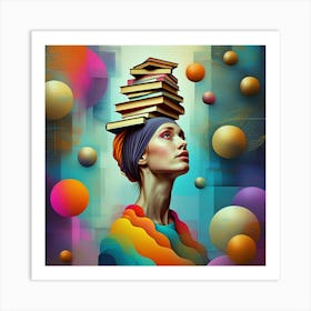 Colorful Wisdom: Woman and Books in Perfect Harmony Art Print