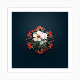 Vintage Marsh Hibiscus Floral Wreath on Teal Blue n.0863 Art Print