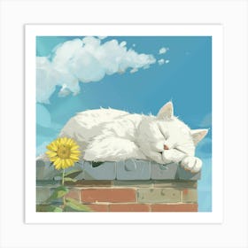 White Cat Sleeping On A Brick Wall Art Print