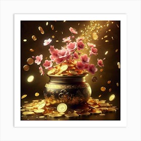 Gold Coins And Flowers Art Print