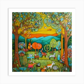 Art Drawing Forest And Animalss Scene Folk Art Sty (3) Art Print