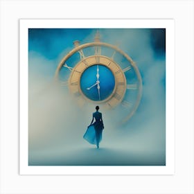 Woman Walking In Front Of A Clock Art Print