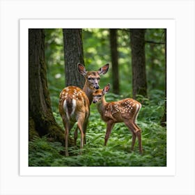 Fawn And Fawn In The Forest Art Print