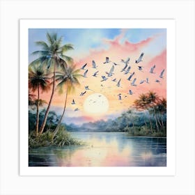 Watercolour Sunset tropical Birds Art Print