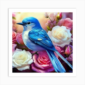 Blue Bird With Roses Art Print