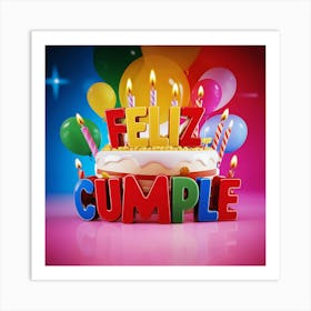 Feliz cumple and Feliz cumpleaños sign means Happy Birthday in Spanish language, Birthday party celebration gift with birthday cake candle colorful balloons best congratulation over light background wall artFeliz Cumple 14 Art Print