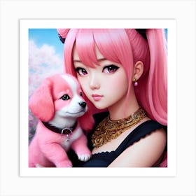 Kawaii anime portrait Sakura with puppy Art Print