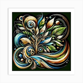 Title: "Nature's Rhapsody"  Description: "Nature's Rhapsody" is a symphonic blend of organic motifs and vibrant color play, portraying a lush tapestry of foliage and spirals. This artwork weaves together elements of the natural world into a harmonious pattern that is both lively and soothing. Ideal for adding a touch of nature's whimsy and elegance to any space, it's a celebration of life's intricate beauty and perpetual motion. Art Print