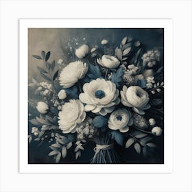 Fresh White Bouquet Dark Blue On Canvas Print 3 Art Print