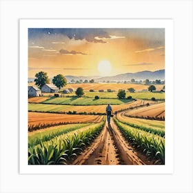 Water Colored Painting Of Landscape Farming Farmer Sun Rising 2d Art Water Color Spray 32k Resolutio 4196798407 Art Print