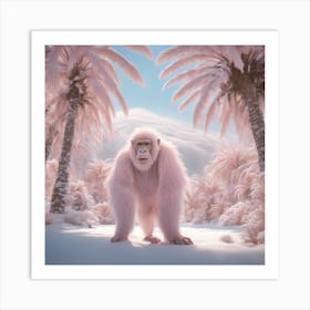 Digital Oil, Ape Wearing A Winter Coat, Whimsical And Imaginative, Soft Snowfall, Pastel Pinks, Blue (1) Art Print