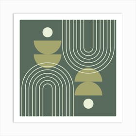 Modern Mid Century Sun, Moon Phases and Rainbow Abstract 21 in Forest Sage Green Art Print