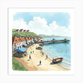 An English Seaside Town With A Bustling Pier And Fresh Seafood Stalls, Watercolor 1 Art Print