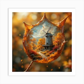 Vibrant, hyper-detailed close-up of a singular autumn leaf, its translucent surface revealing an intricate, miniature landscape of autumnal wonder Art Print